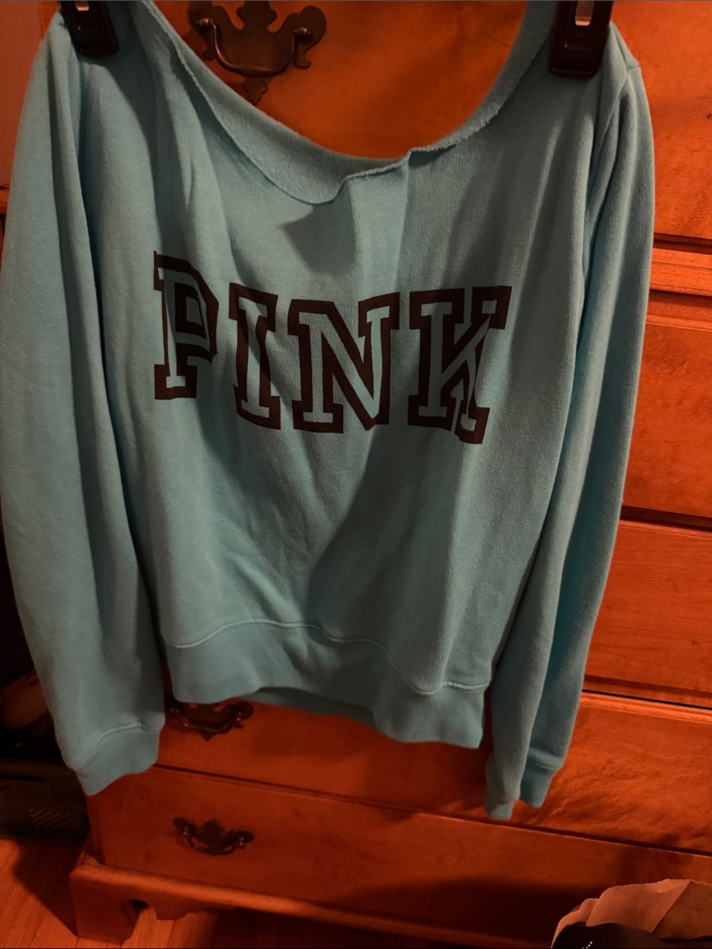 PINK Off-Shoulder Sweatshirt in Light Aqua